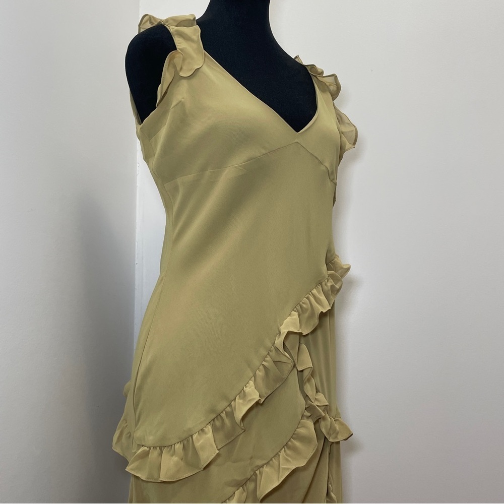 House of CB- PIXIE Olive Ruffle Maxi Dress Size Large Green V Neck Summer - Picture 3 of 15